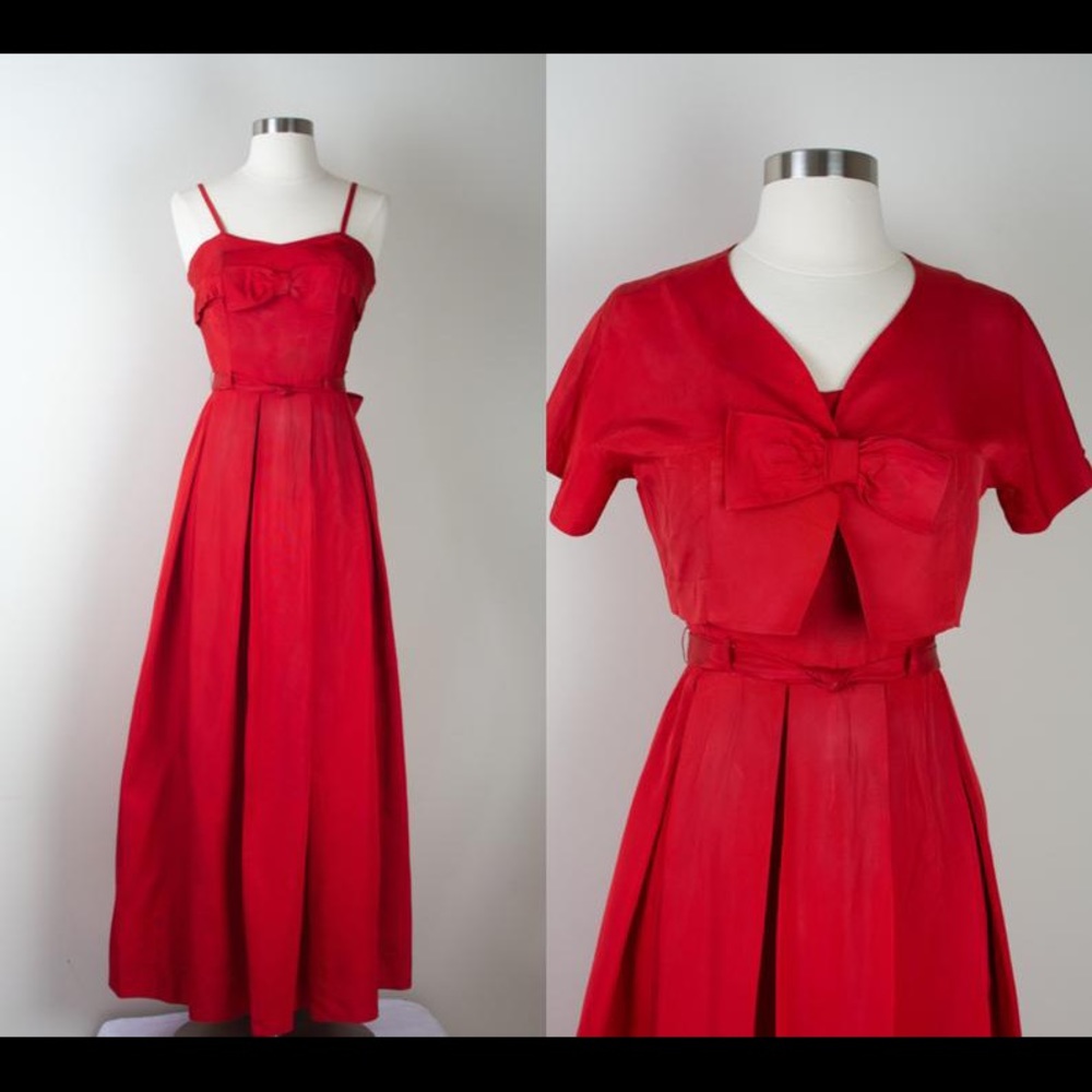 Vintage 1950s Red Taffeta Bow Dress with Bolero - Picture 2 of 7